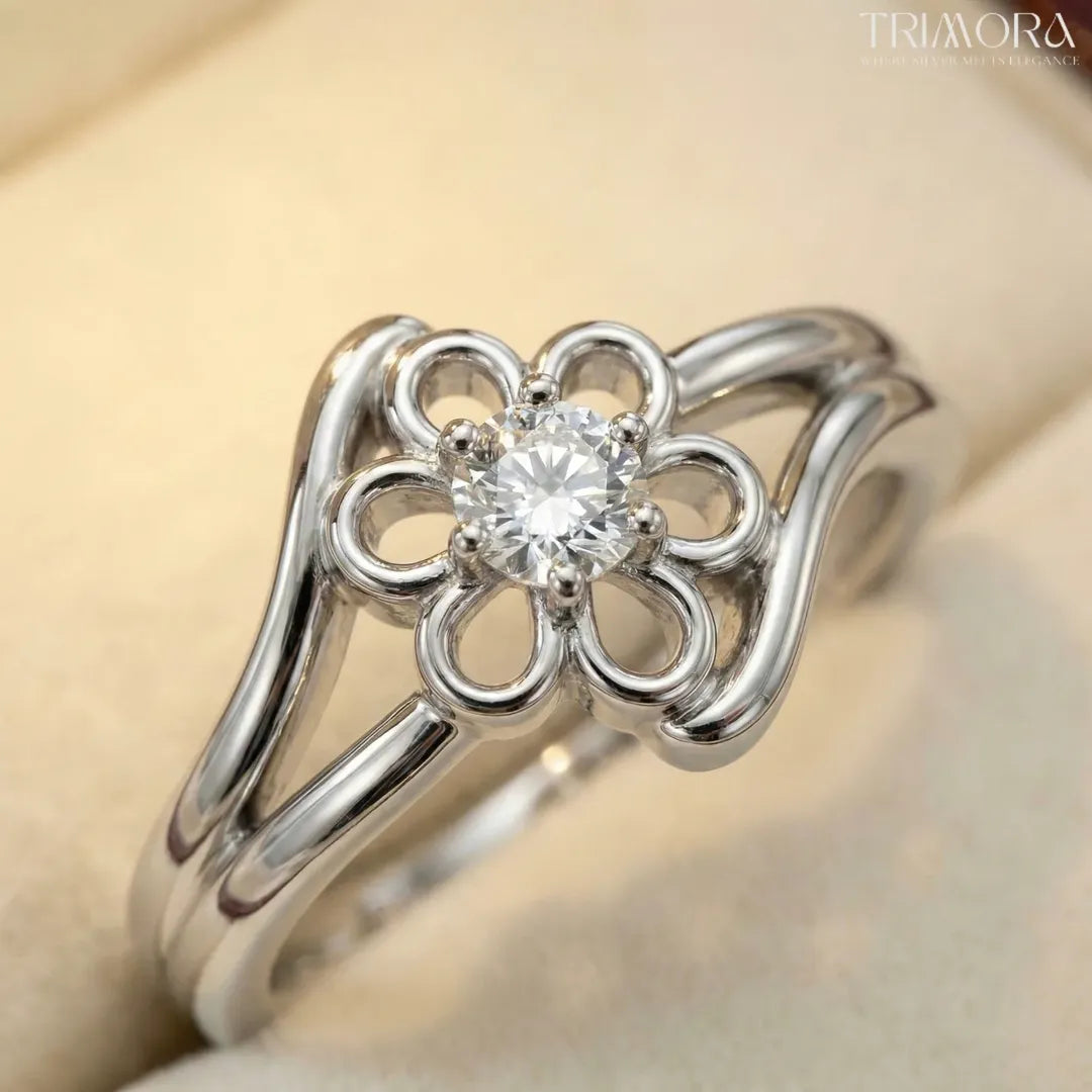 Elegant Floral Solitaire Ring in 925 Sterling Silver