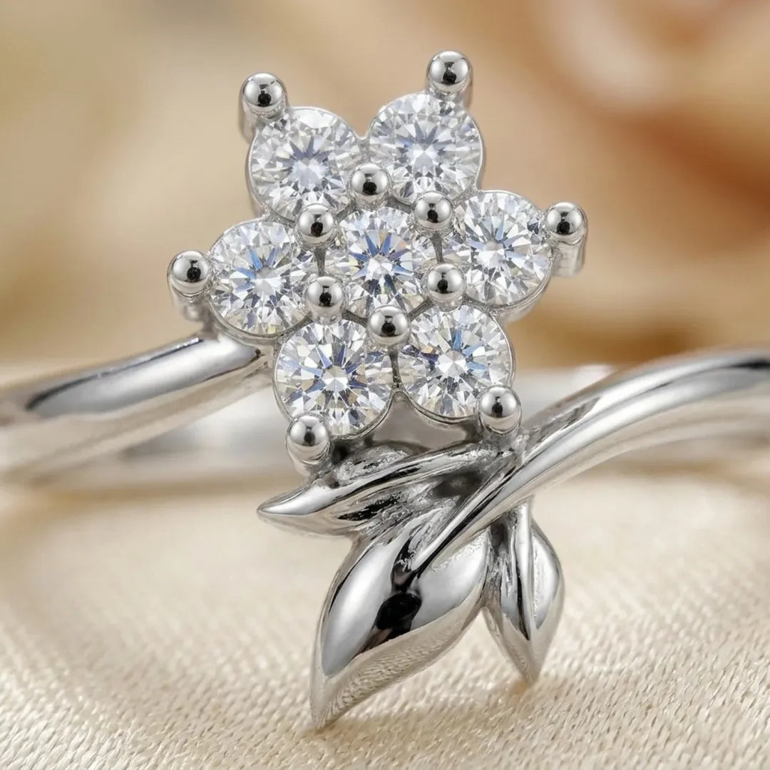 Elegant Floral Diamond Ring with Leaf Design in 925 Sterling Silver