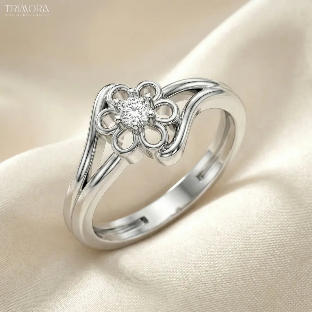 Elegant Floral Solitaire Ring in 925 Sterling Silver