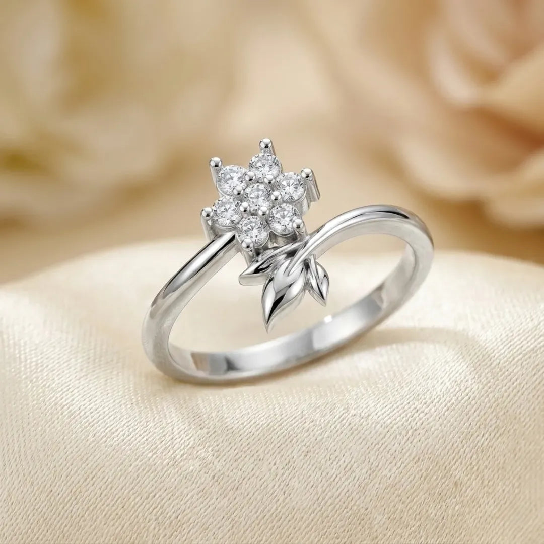 Elegant Floral Diamond Ring with Leaf Design in 925 Sterling Silver