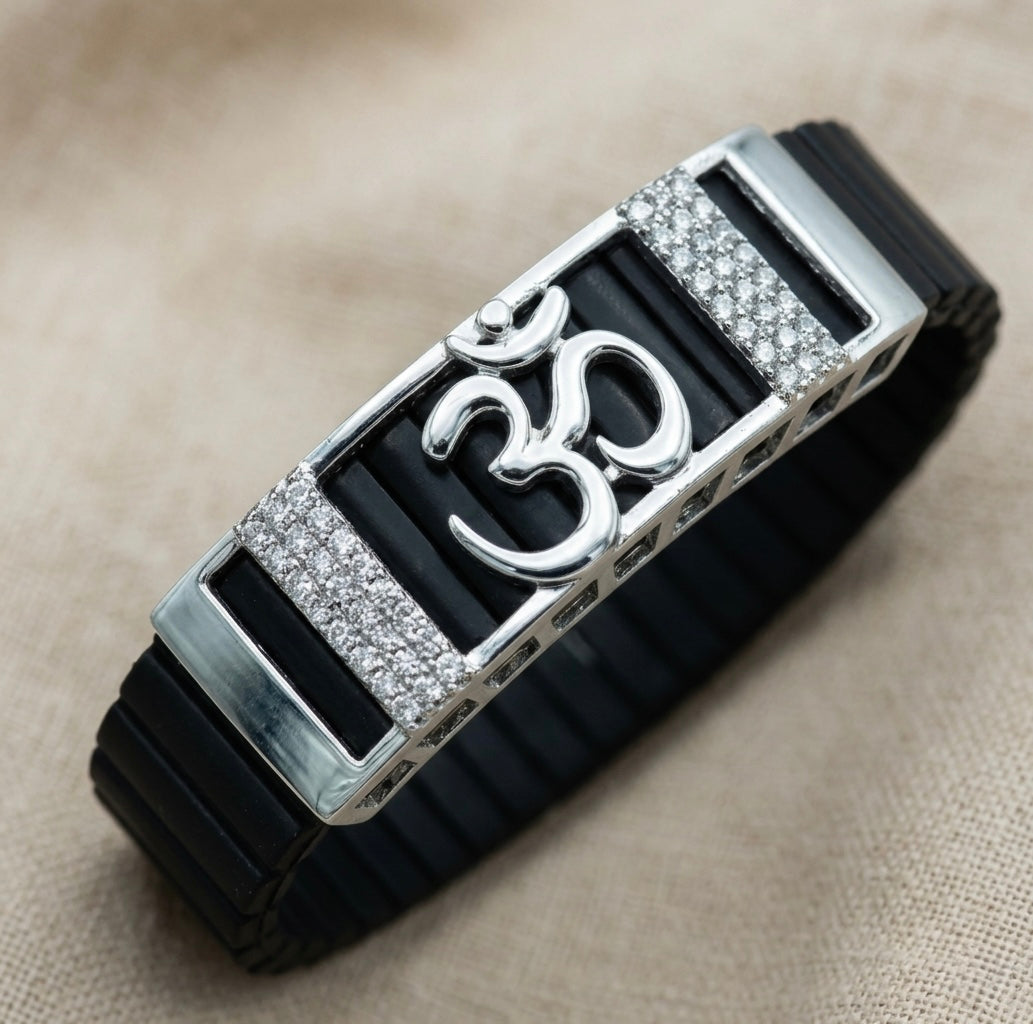 Om Symbol Diamond Bracelet for Men in 925 Sterling Silver & Silicone Strap