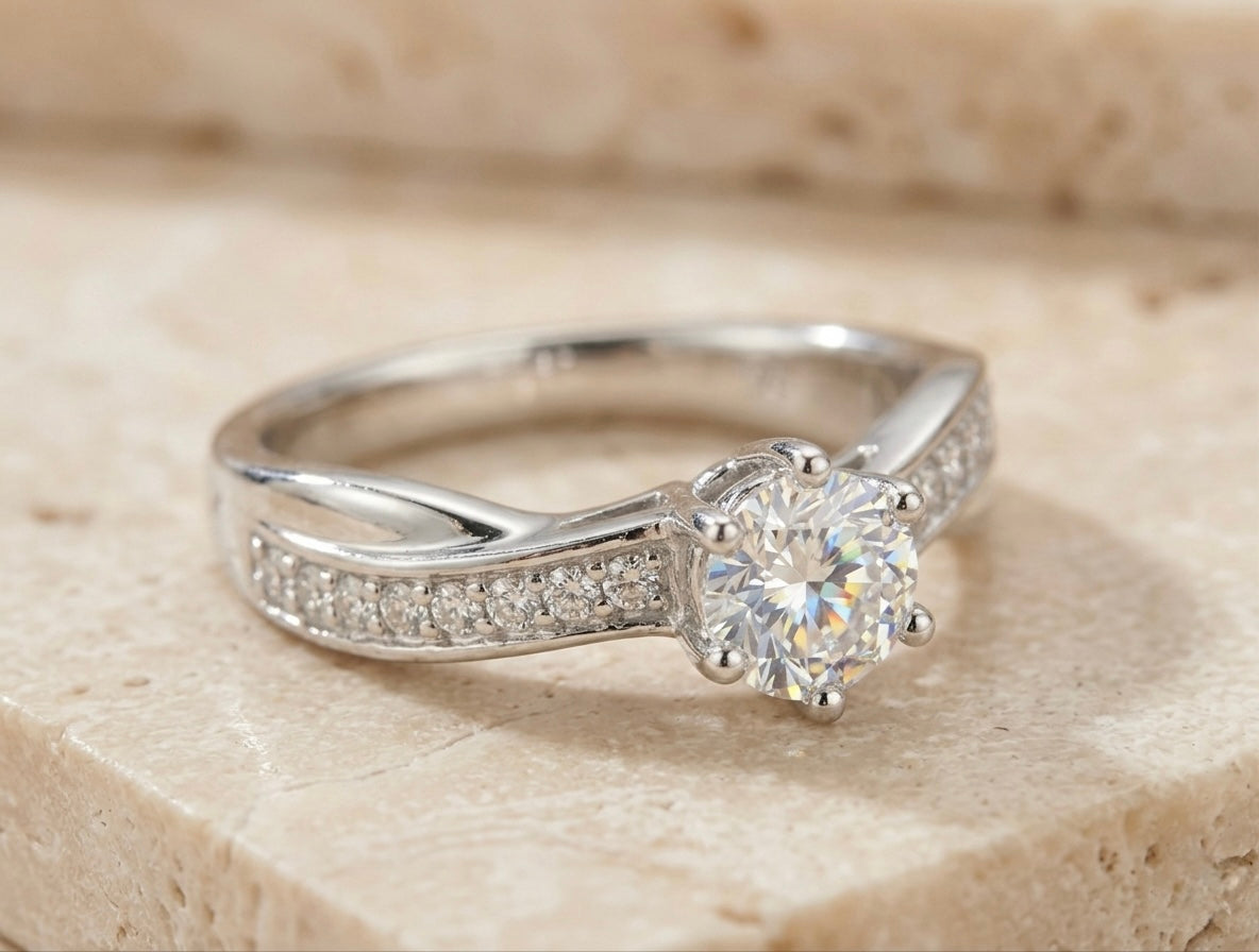 Classic Solitaire Diamond Ring with Pavé Band in 925 Sterling Silver