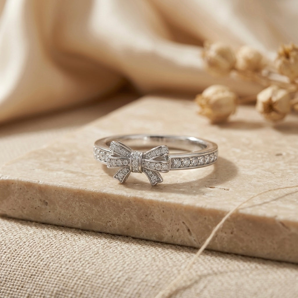Elegant Bow Diamond Ring in 925 Sterling Silver