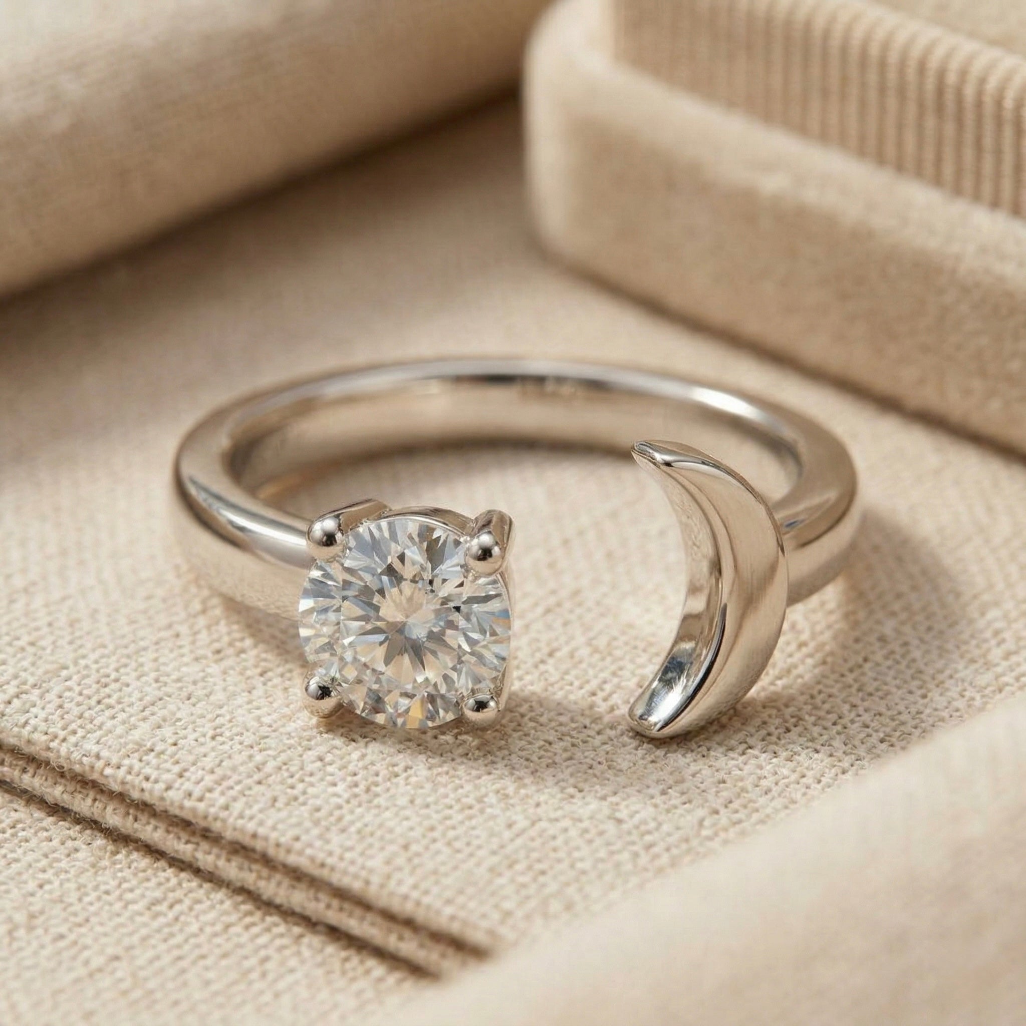 Modern Solitaire & Crescent Open Ring in 925 Sterling Silver