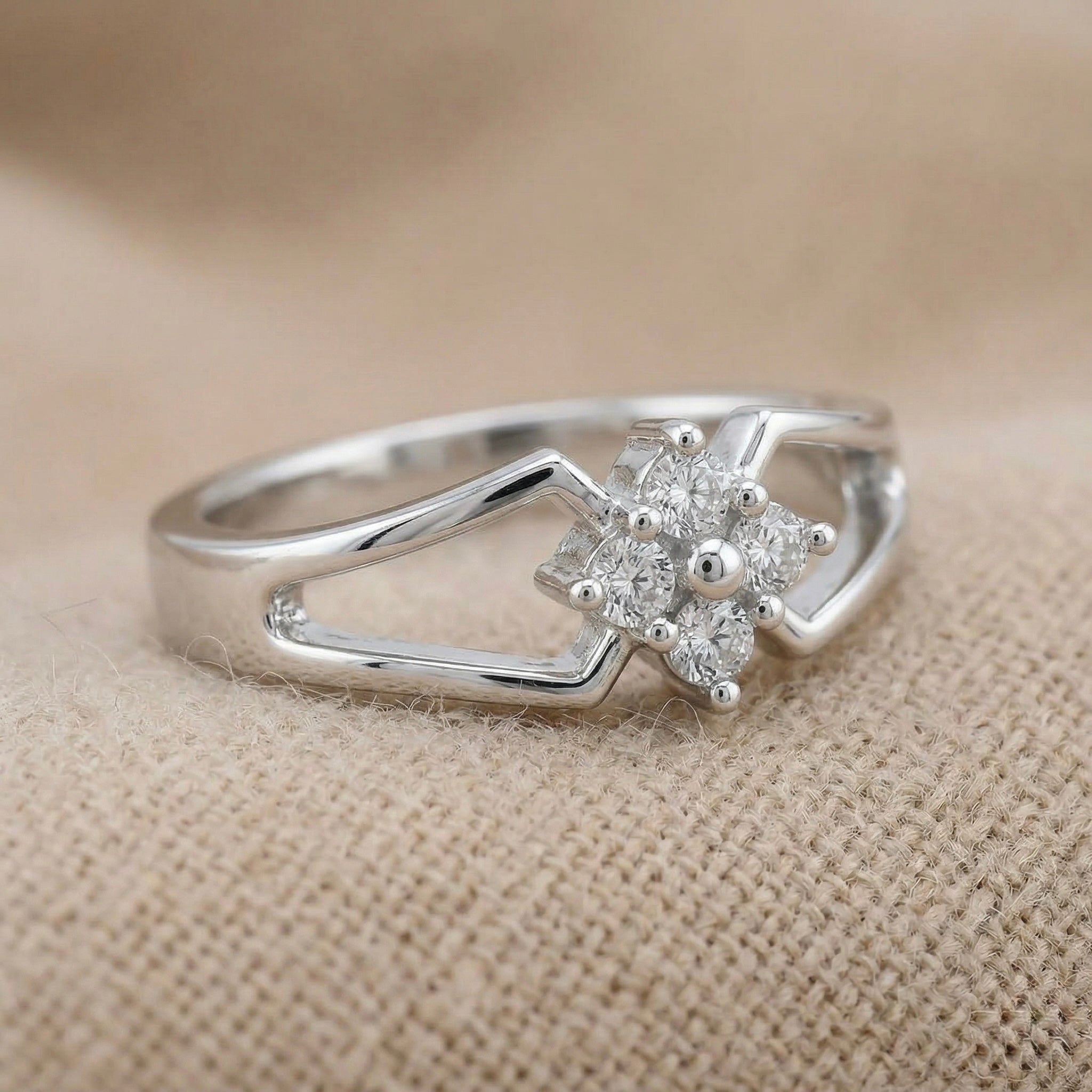 Elegant Floral Diamond Ring with Open Band in 925 Sterling Silver