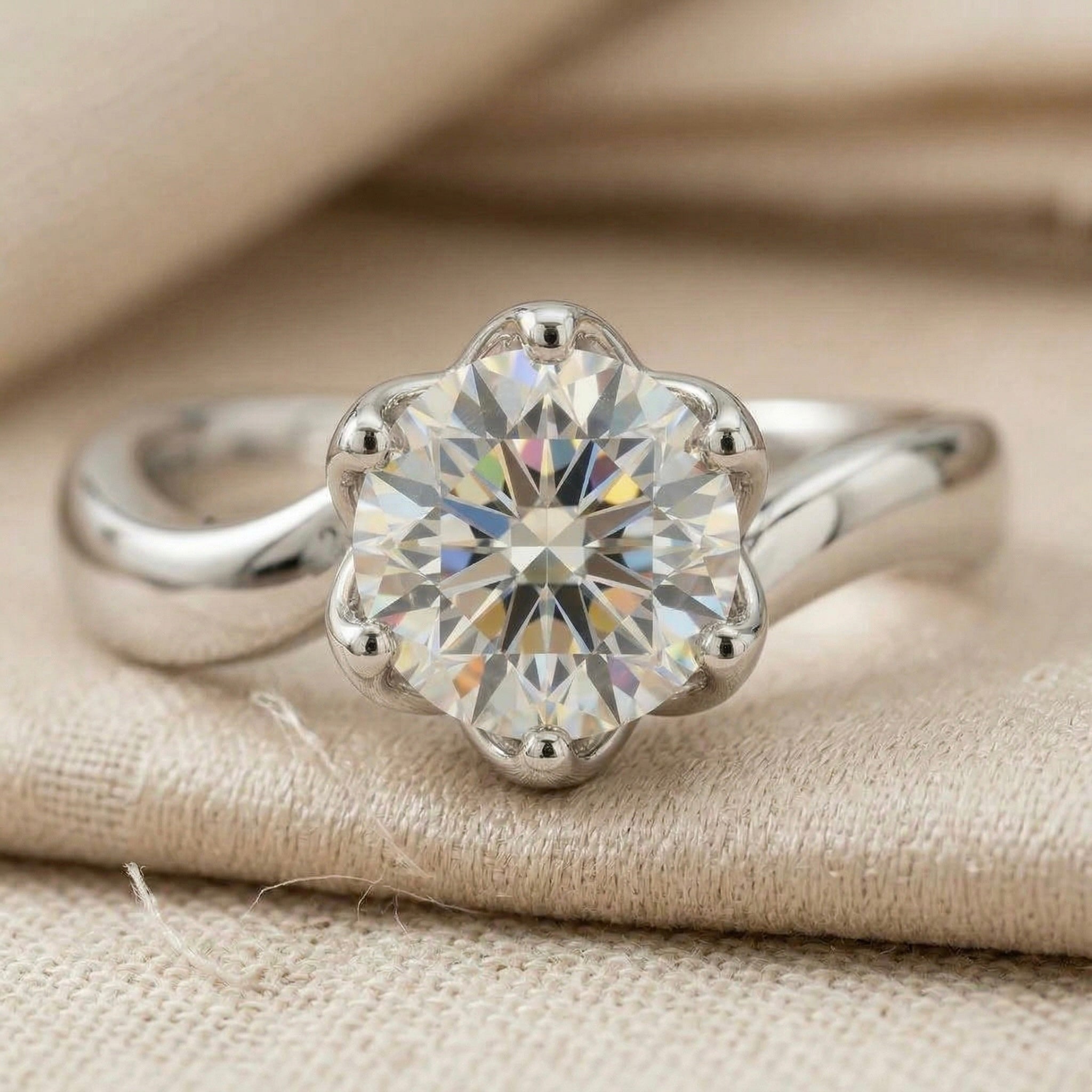 Elegant Floral Solitaire Diamond Ring in 925 Sterling Silver
