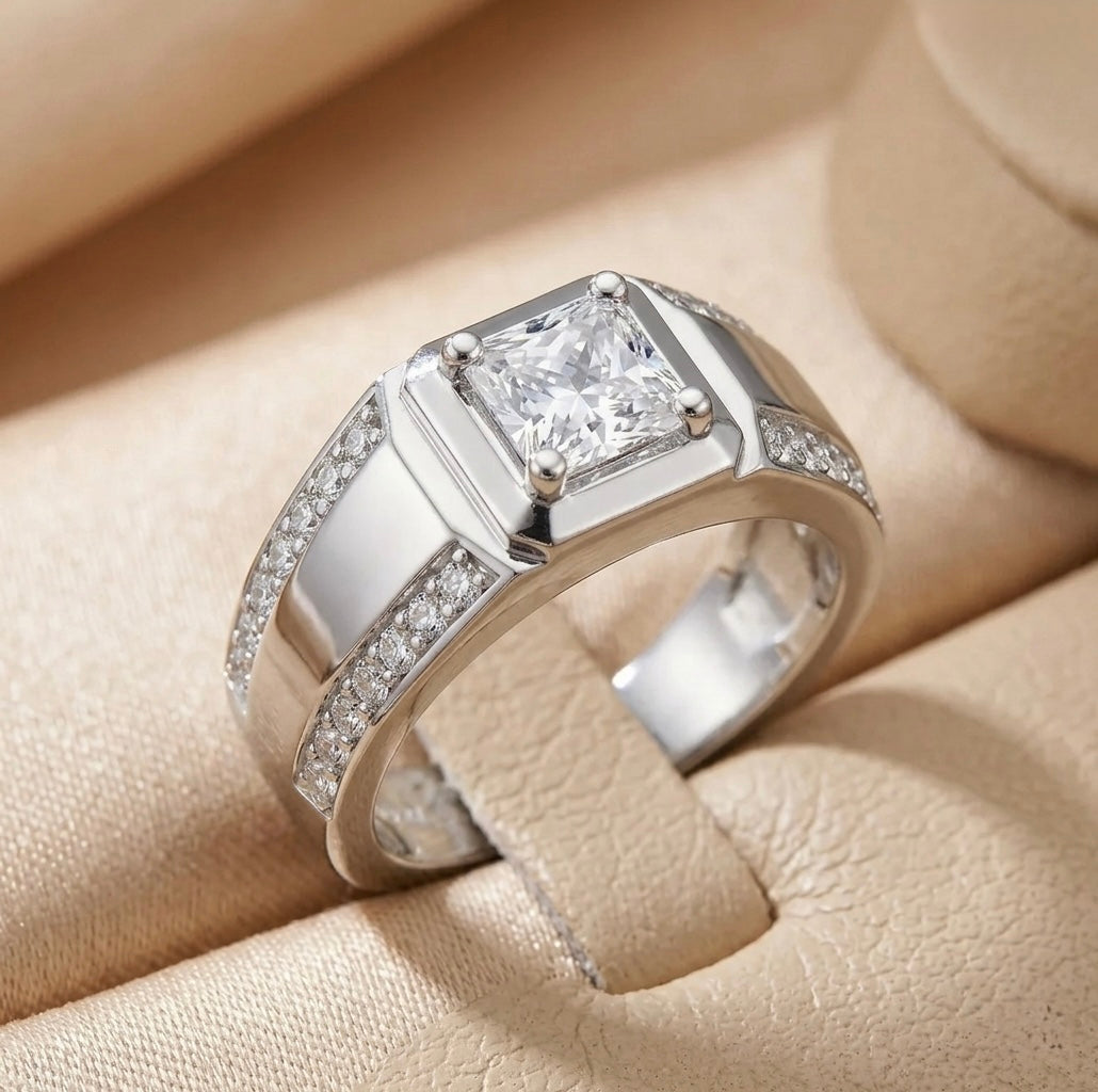 Classic Solitaire Diamond Ring for Men in 925 Sterling Silver