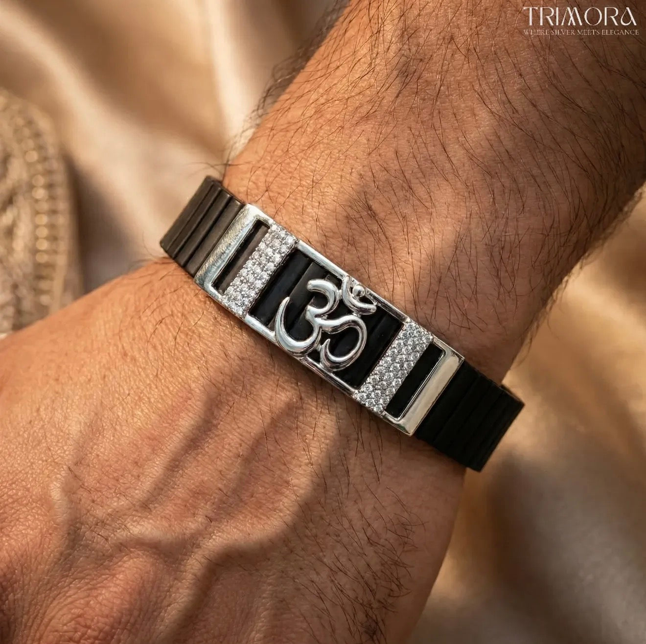 Om Symbol Diamond Bracelet for Men in 925 Sterling Silver & Silicone Strap