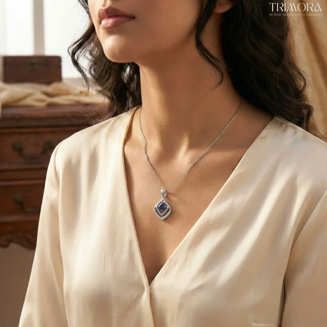 Elegant Blue Stone Diamond Pendant in 925 Sterling Silver