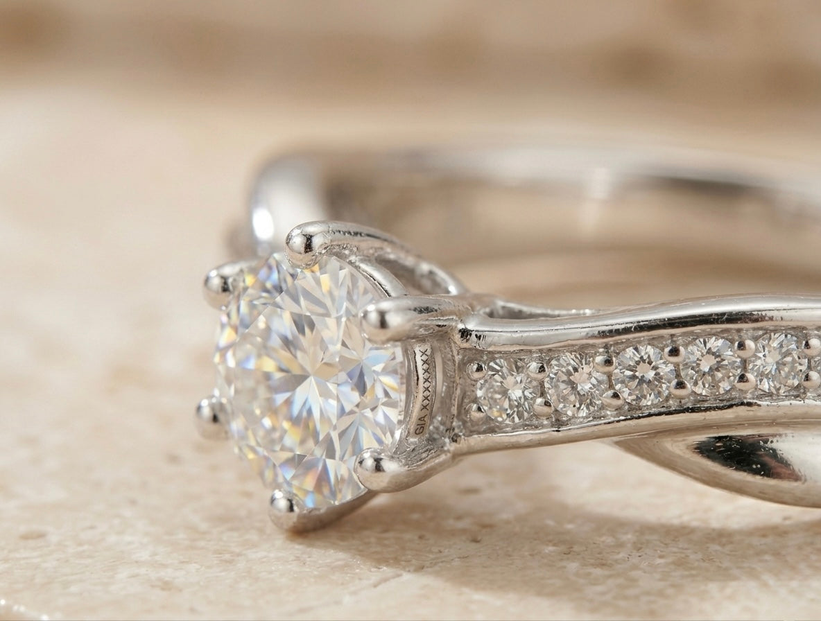 Classic Solitaire Diamond Ring with Pavé Band in 925 Sterling Silver