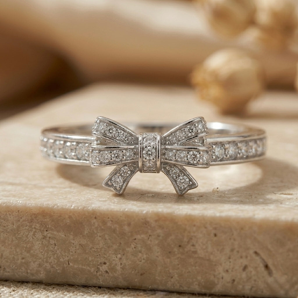 Elegant Bow Diamond Ring in 925 Sterling Silver