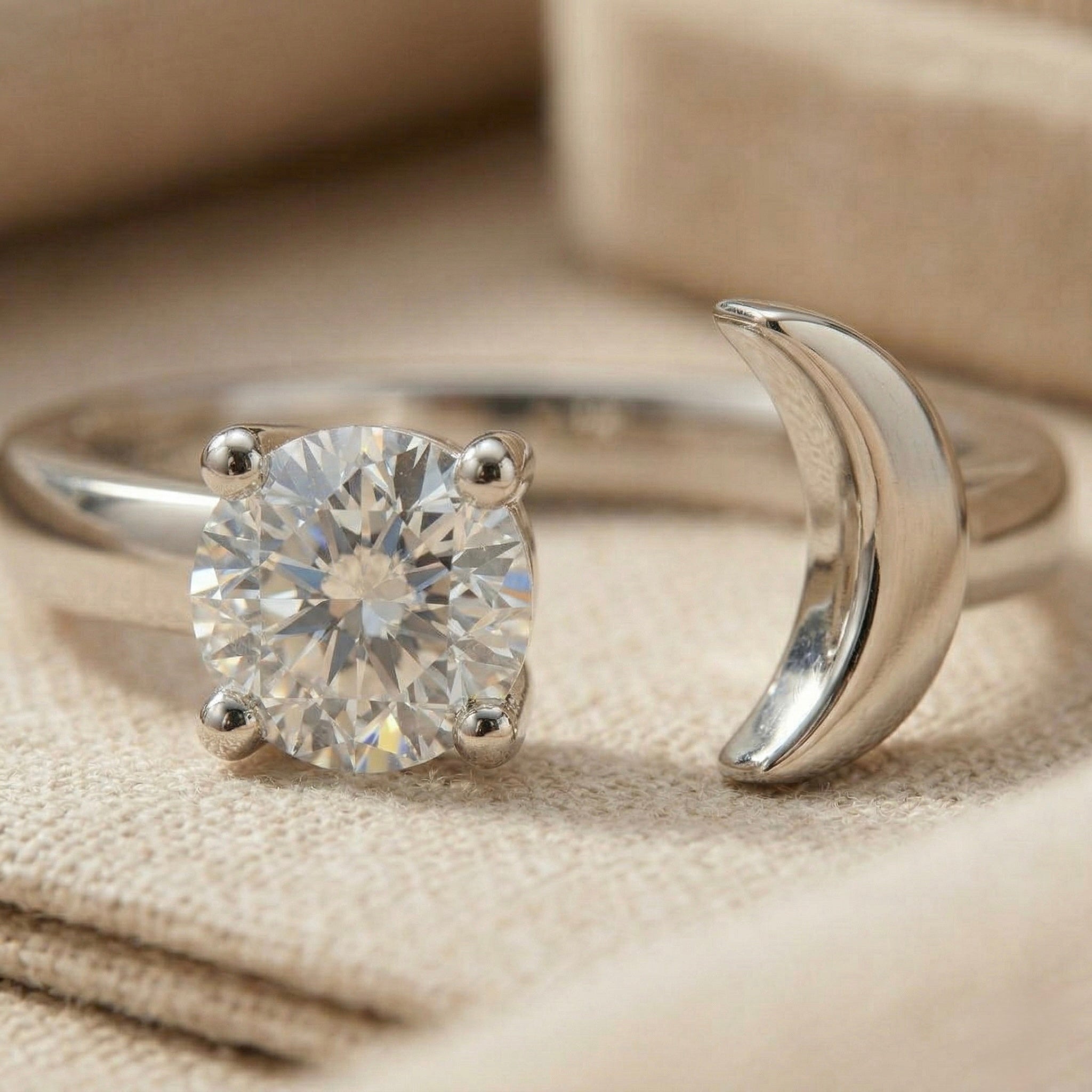Modern Solitaire & Crescent Open Ring in 925 Sterling Silver
