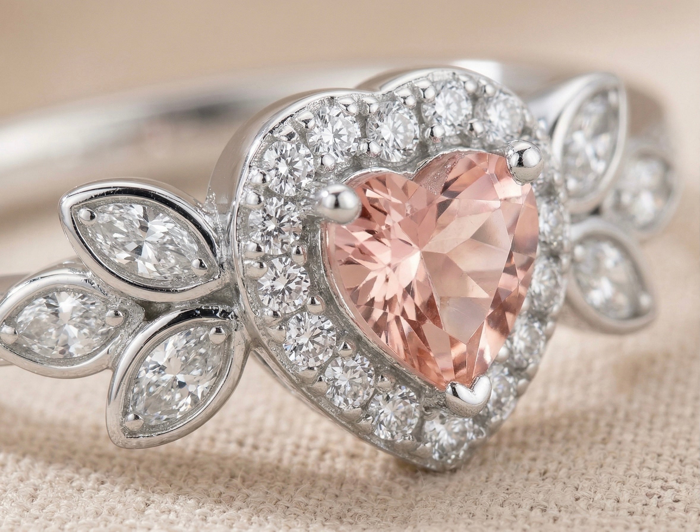 Elegant Pink Heart Diamond Ring in 925 Sterling Silver
