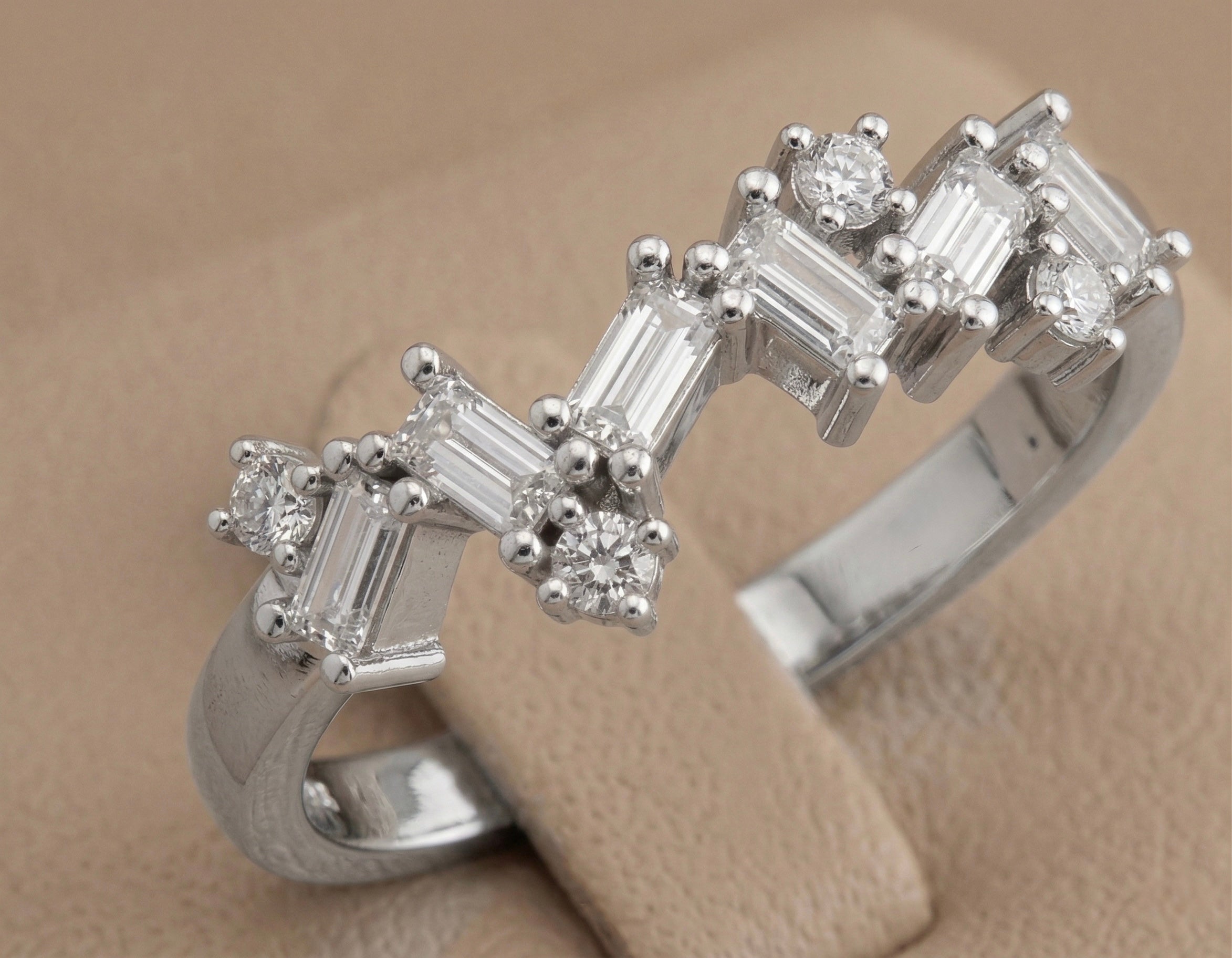 Baguette & Round Diamond Band Ring in 925 Sterling Silver