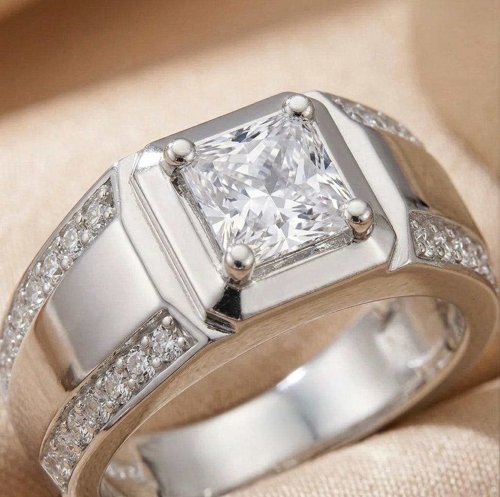 Classic Solitaire Diamond Ring for Men in 925 Sterling Silver
